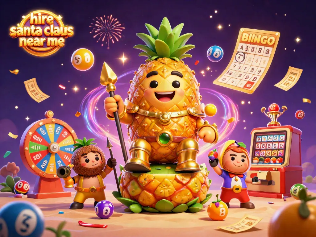 Engage with "hire santa claus near me" in a lively casino-themed digital scene featuring a golden pineapple king.