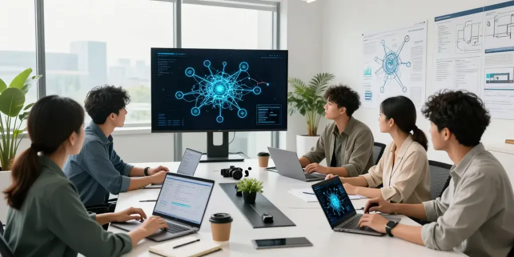 Team collaborating on Enterprise AI models in a modern workspace with digital tools and data analytics.